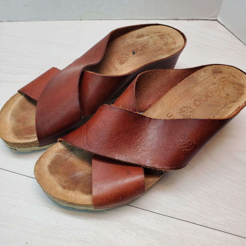 Yokono Womens Brown Leather Criss Cross Wedge Slide Sandals Made in Spain Size 8